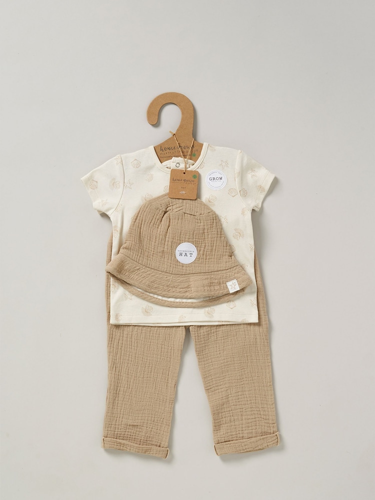 Homegrown Natural 3 Piece T-Shirt Trousers And Reversible Hat Outfit Set - Image 2 of 5