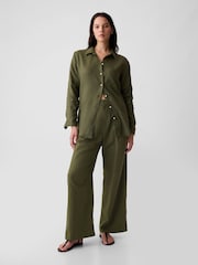Gap Khaki Green High Waisted Linen Cotton Trousers - Image 5 of 5