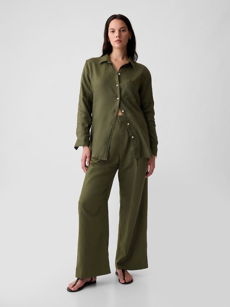 Gap Khaki Green High Waisted Linen Cotton Trousers - Image 5 of 5 Gap Khaki Green High Waisted Linen Cotton Trousers - Image 5 of 5