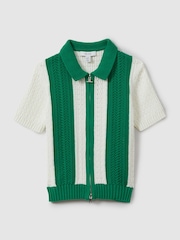 Reiss White/Bright Green Painter 13-14 yrs Knitted Cotton Zip-Front Shirt - Image 1 of 4