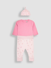 JoJo Maman Bébé Pink 3-Piece Rib Body, Floral Trousers & Hat Set - Image 1 of 7