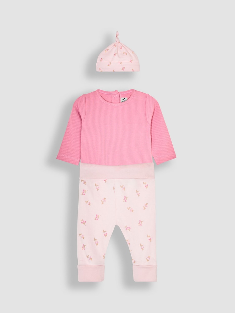JoJo Maman Bébé Pink 3-Piece Rib Body, Floral Trousers & Hat Set - Image 1 of 7