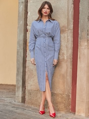 Sosandar Blue Stripe Midi Shirt Dress - Image 1 of 5