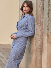 Sosandar Blue Stripe Midi Shirt Dress - Image 2 of 5