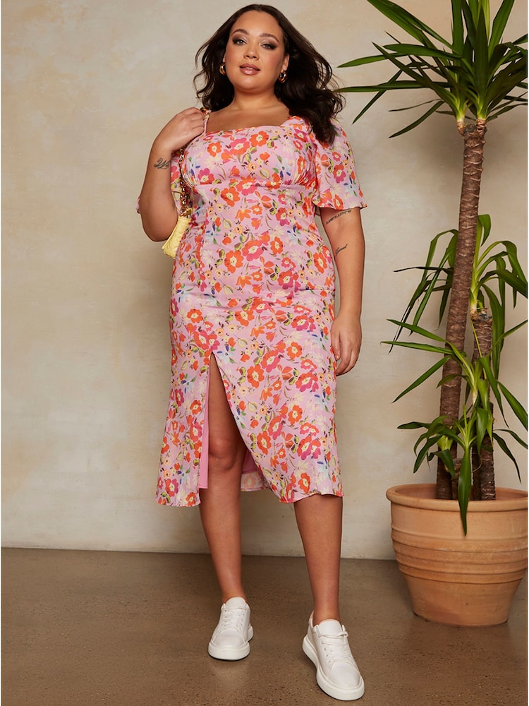 Chi Chi London Pink Square Neck Floral Midi Dress - Image 2 of 4 Chi Chi London Pink Square Neck Floral Midi Dress - Image 2 of 4