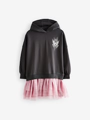 Charcoal Grey/Pink 2-in-1 Long Sleeve Hooded Sweat Dress with Mesh Skirt (3-16yrs) - Image 5 of 8