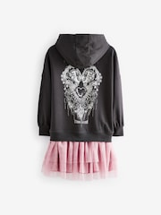 Charcoal Grey/Pink 2-in-1 Long Sleeve Hooded Sweat Dress with Mesh Skirt (3-16yrs) - Image 6 of 8