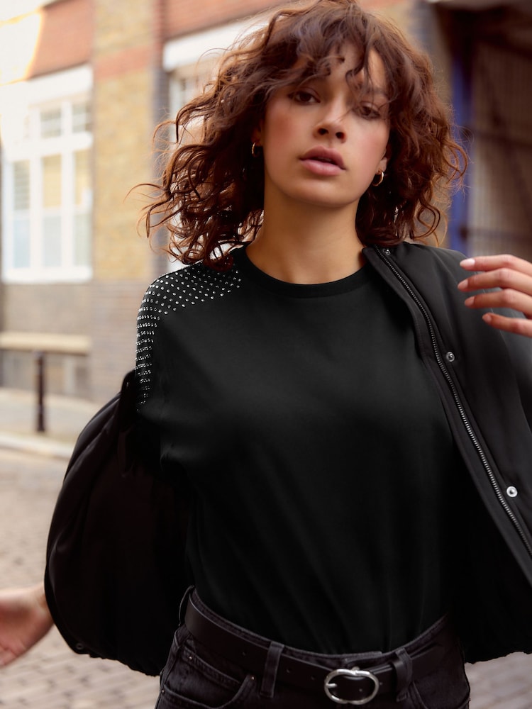 Black Shoulder Jewel 100% Cotton T-Shirt - Image 2 of 7