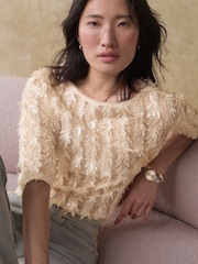 Cream Sequin Sheer Fluffy Quarter Sleeve Top - Image 1 of 8