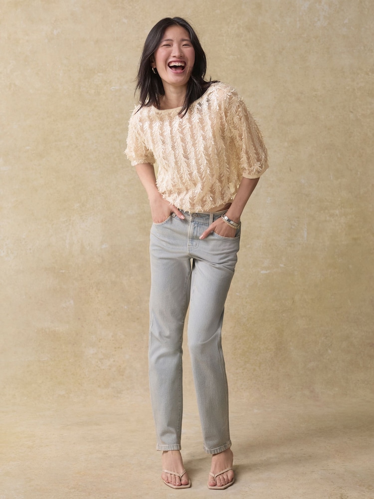Cream Sequin Sheer Fluffy Quarter Sleeve Top - Image 2 of 8