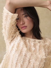 Cream Sequin Sheer Fluffy Quarter Sleeve Top - Image 5 of 8