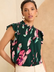 Love & Roses Green Feather Printed Shirred Yoke Shell Top - Image 1 of 4