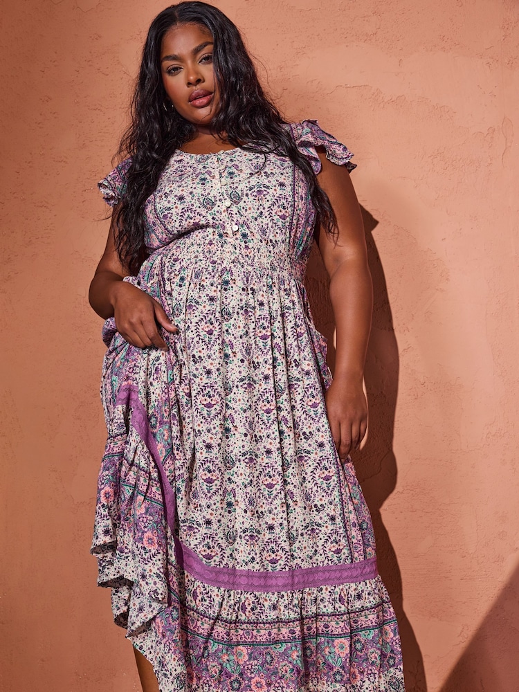 Yours Curve Pink Boho Maxi Border Dress - Image 1 of 6
