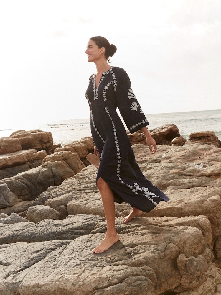 Boden Blue Una Linen Embroidered Dress - Image 1 of 6