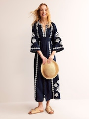 Boden Blue Una Linen Embroidered Dress - Image 2 of 6