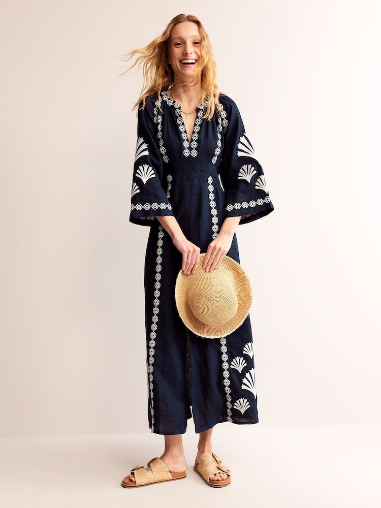 Boden Blue Una Linen Embroidered Dress - Image 2 of 6