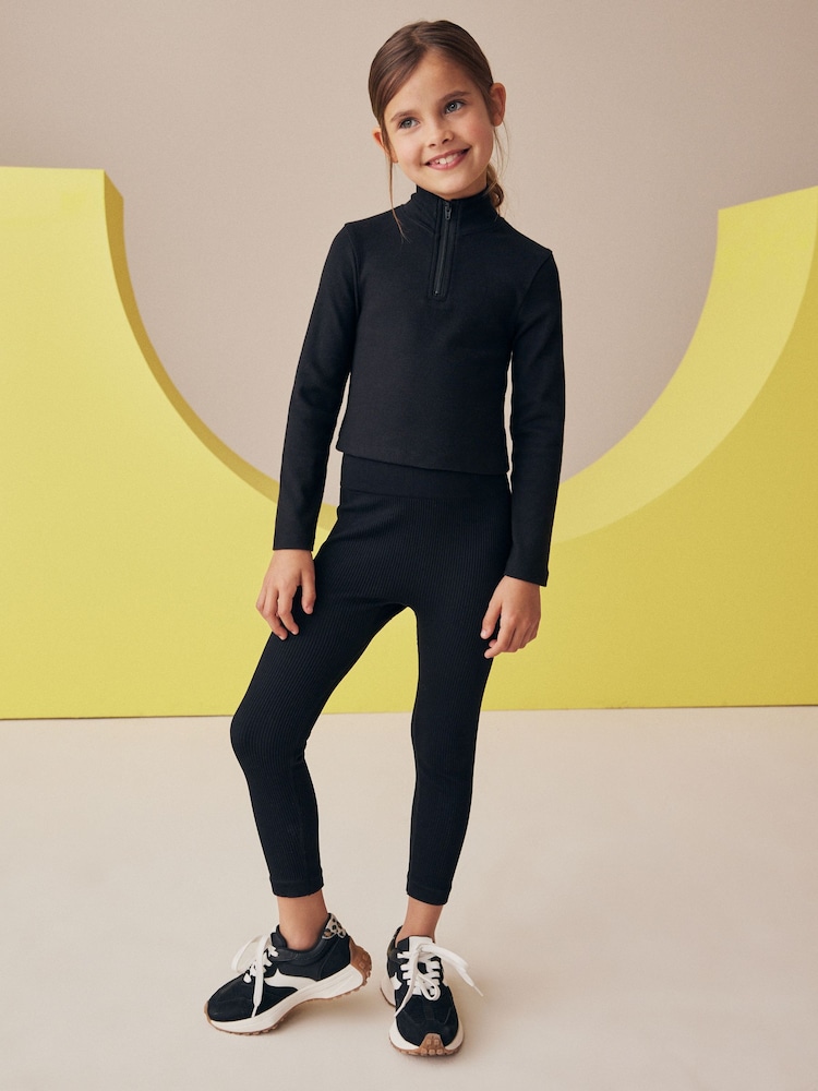 Negro - Leggings de tiro alto acanalados sin costuras (3-16 años) - Imagen 1 de 3