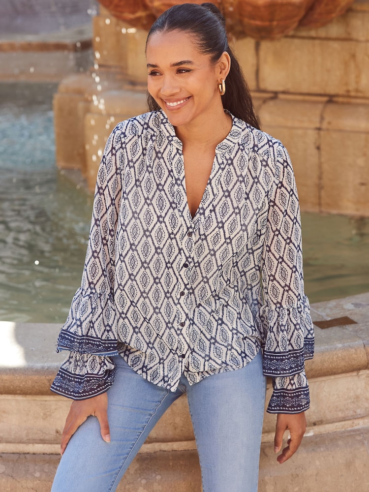 Sosandar Blue Fluted Cuff Contrast Trim Blouse - Image 1 of 5