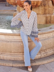 Sosandar Blue Fluted Cuff Contrast Trim Blouse - Image 5 of 5