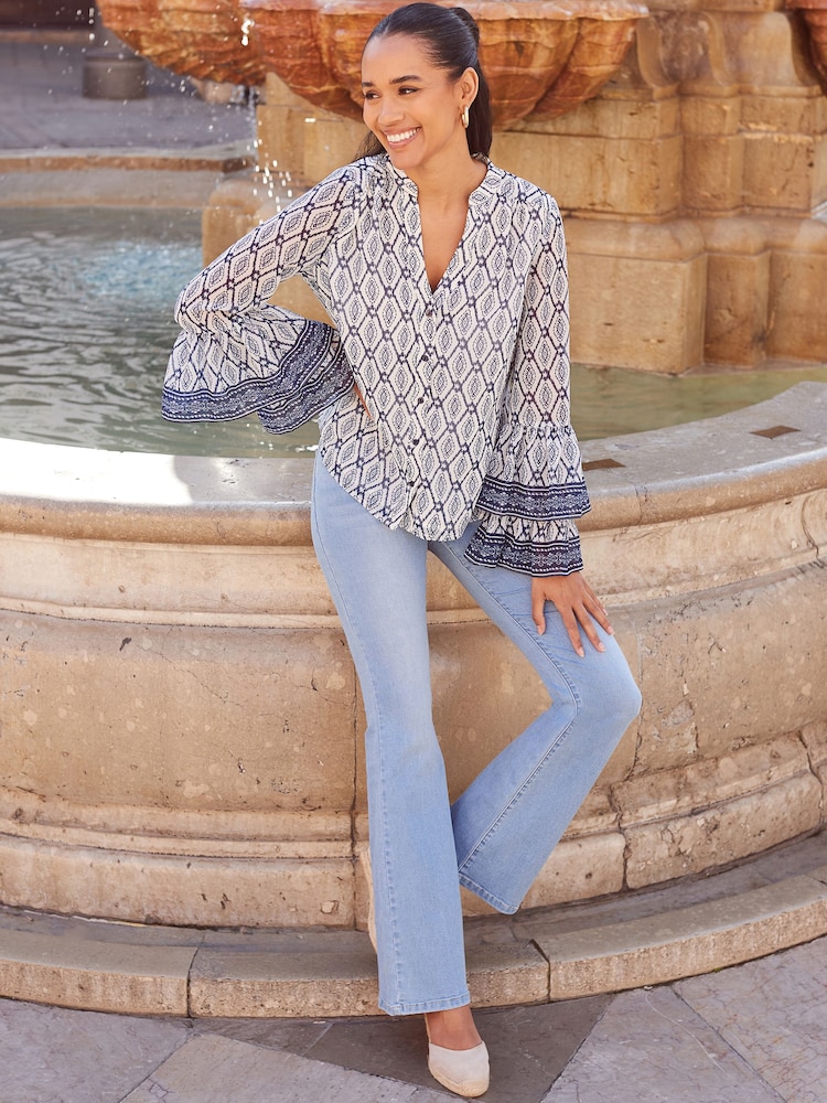 Sosandar Blue Fluted Cuff Contrast Trim Blouse - Image 5 of 5