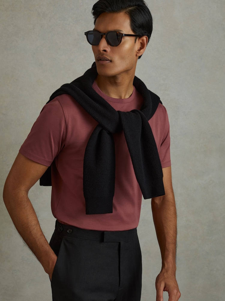 Reiss Old Rose Caspian Mercerised Cotton Crew Neck T-Shirt - Image 1 of 6