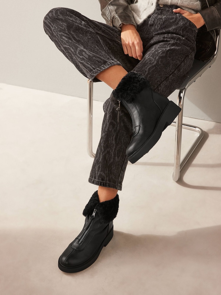 Black Standard/Wide Fit Forever Comfort® Faux Fur Collared Zip Ankle Boots - Image 1 of 7