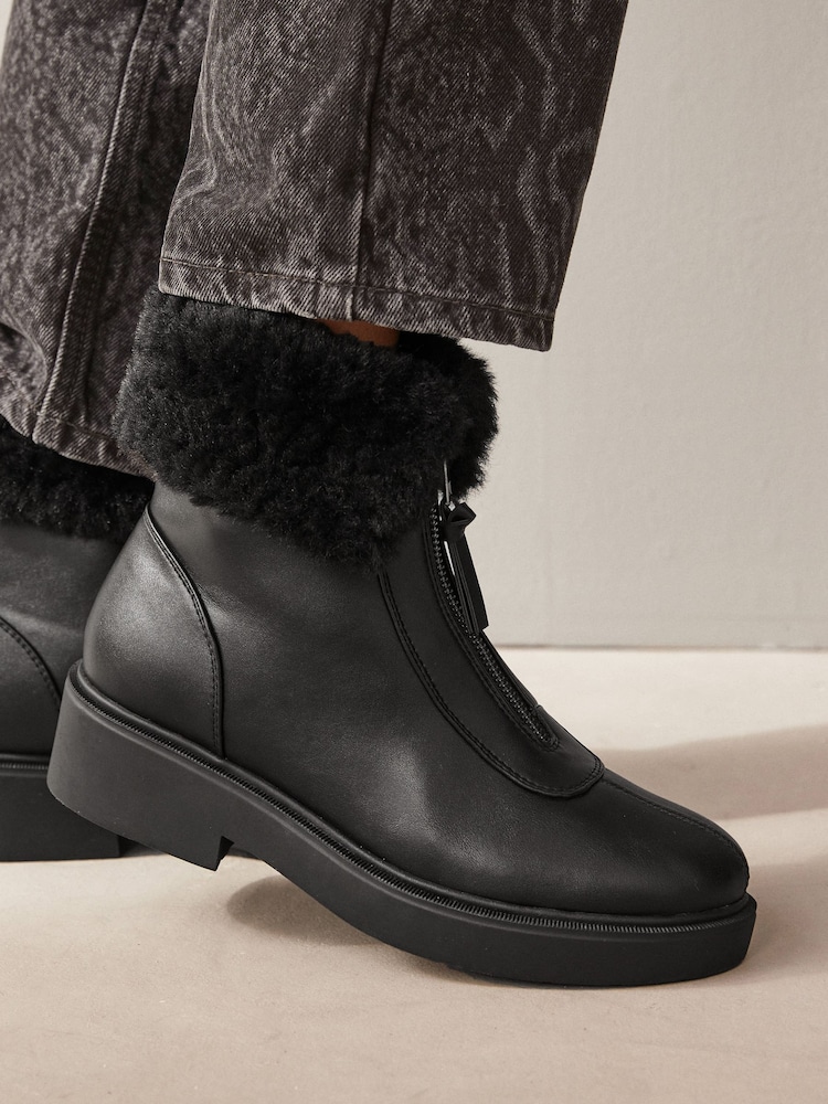 Black Standard/Wide Fit Forever Comfort® Faux Fur Collared Zip Ankle Boots - Image 2 of 7