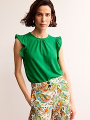 Boden Green Pom Trim Ruffle Sleeve Top - Image 1 of 5