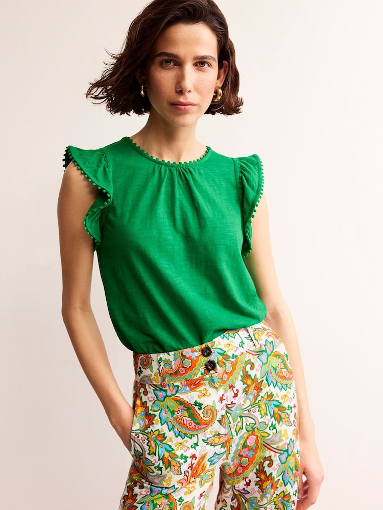 Boden Green Pom Trim Ruffle Sleeve Top - Image 1 of 5