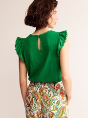 Boden Green Pom Trim Ruffle Sleeve Top - Image 3 of 5