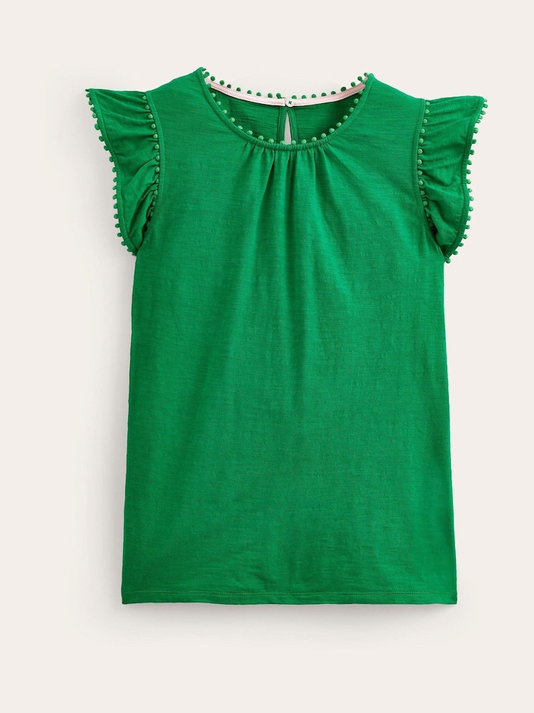 Boden Green Pom Trim Ruffle Sleeve Top - Image 5 of 5 Boden Green Pom Trim Ruffle Sleeve Top - Image 5 of 5