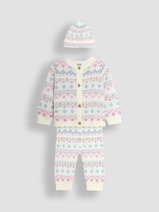 JoJo Maman Bébé Cream 3 Piece Fair Isle Pattern Baby Knit Cardigan, Trousers & Hat Set - Image 1 of 6