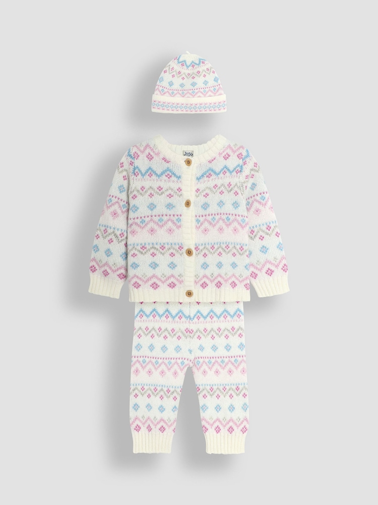 Jojo Maman Bébé 3-teiliges Set aus Strickjacke, Hose und Mütze mit Norwegermuster für Babys - Bild 1 von 6 Jojo Maman Bébé 3-teiliges Set aus Strickjacke, Hose und Mütze mit Norwegermuster für Babys - Bild 1 von 6