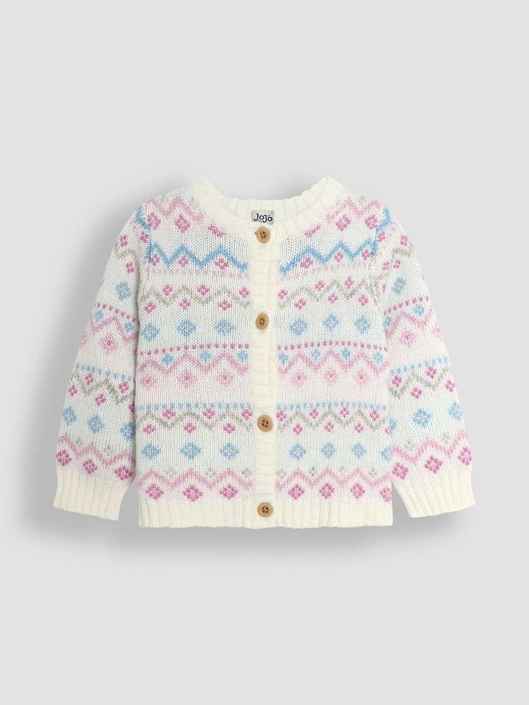 JoJo Maman Bébé Cream 3 Piece Fair Isle Pattern Baby Knit Cardigan, Trousers & Hat Set - Image 2 of 6