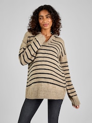 JoJo Maman Bébé Oatmeal & Black Stripe Collared Maternity & Nursing Jumper - Image 1 of 4