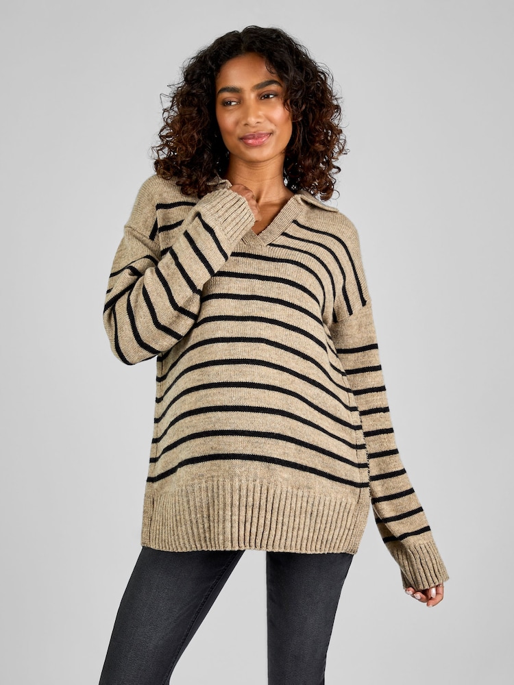JoJo Maman Bébé Stripe Collared Maternity & Nursing Jumper - Image 1 of 4 JoJo Maman Bébé Stripe Collared Maternity & Nursing Jumper - Image 1 of 4