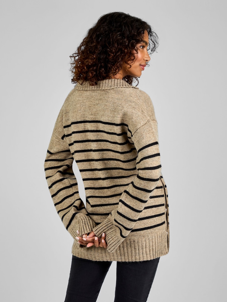 JoJo Maman Bébé Oatmeal & Black Stripe Collared Maternity & Nursing Jumper - Image 2 of 4