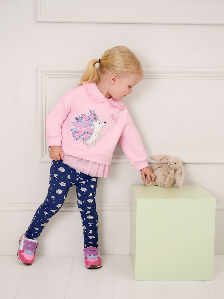 JoJo Maman Bébé Pink Hedgehog Appliqué Tulle Frill Sweatshirt & Leggings Set - Image 2 of 7