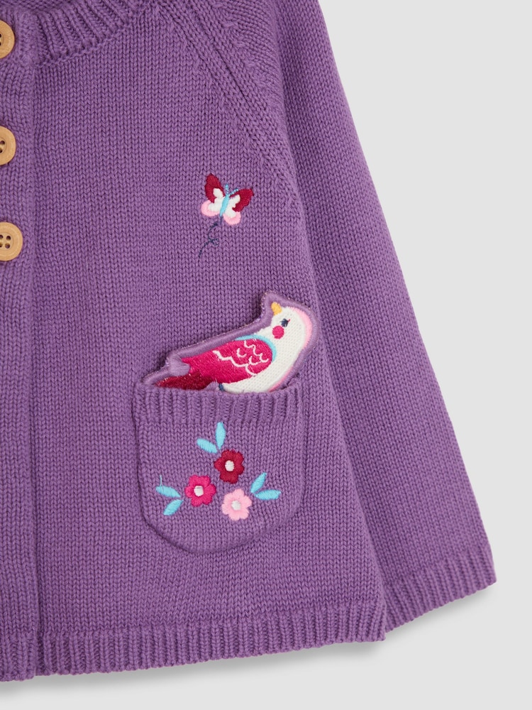 JoJo Maman Bébé Purple Bunny & Bird Pet in Pocket Cardigan - Image 3 of 3