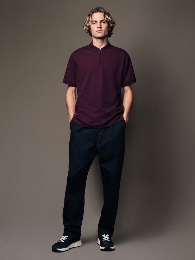 Fig Red Short Sleeve Textured Quarter Zip Polo Shirts - Image 2 of 8