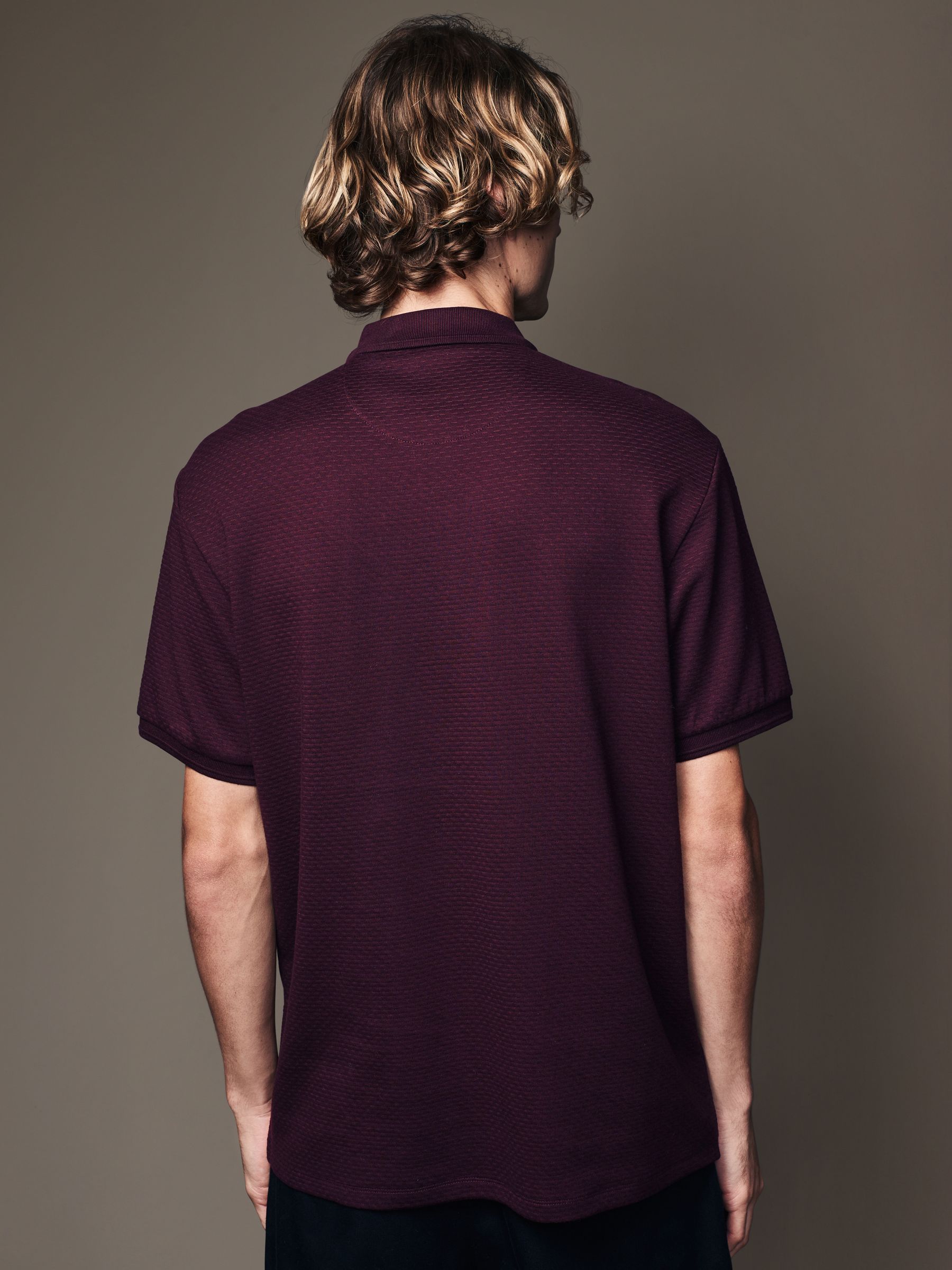 Buy Fig Red Short Sleeve Textured Quarter Zip Polo Shirts