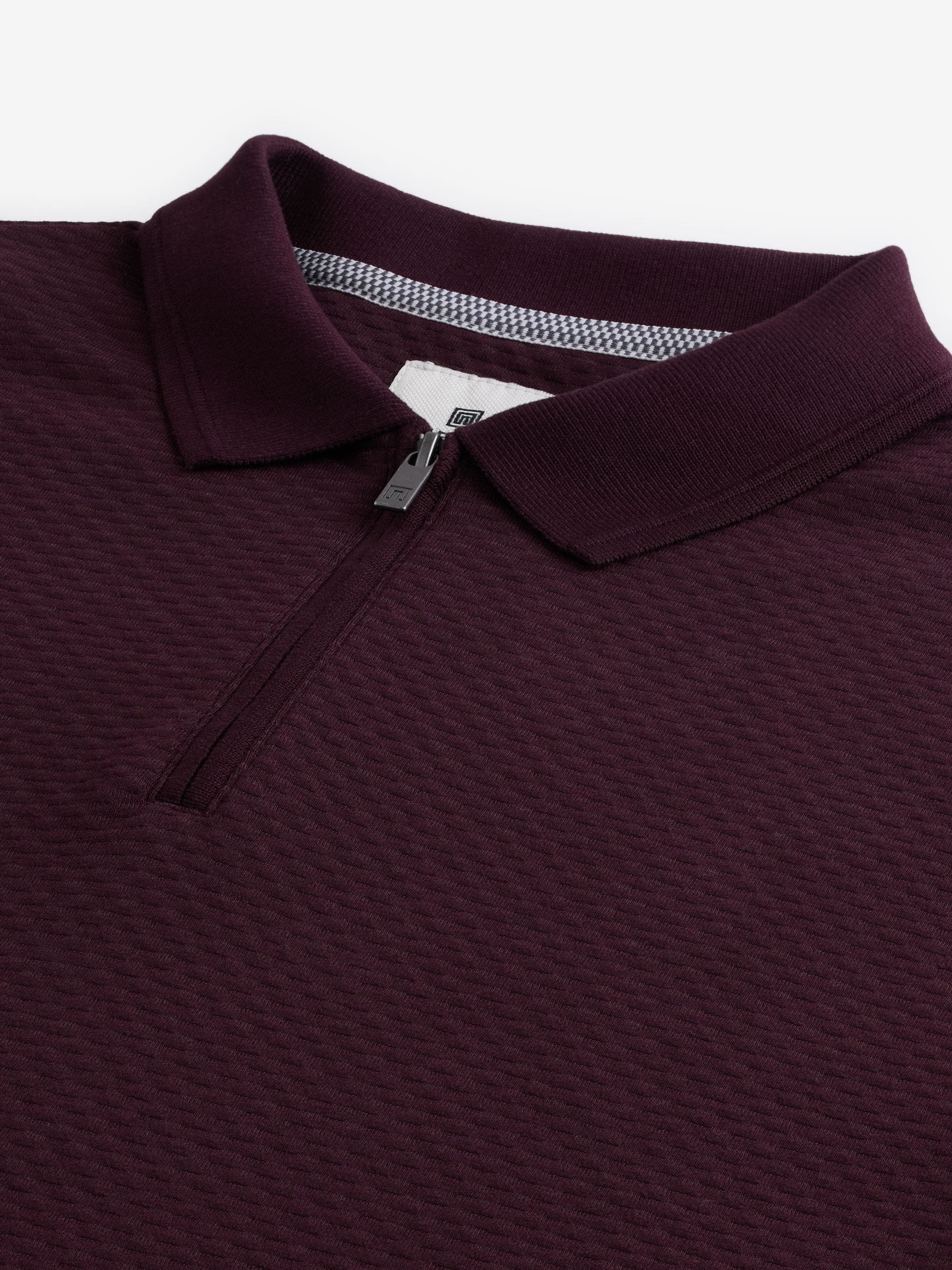 Buy Fig Red Short Sleeve Textured Quarter Zip Polo Shirts