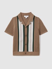 Reiss Camel/Green Jensen 13-14 yrs Embroidered Cuban Collar Shirt - Image 1 of 4