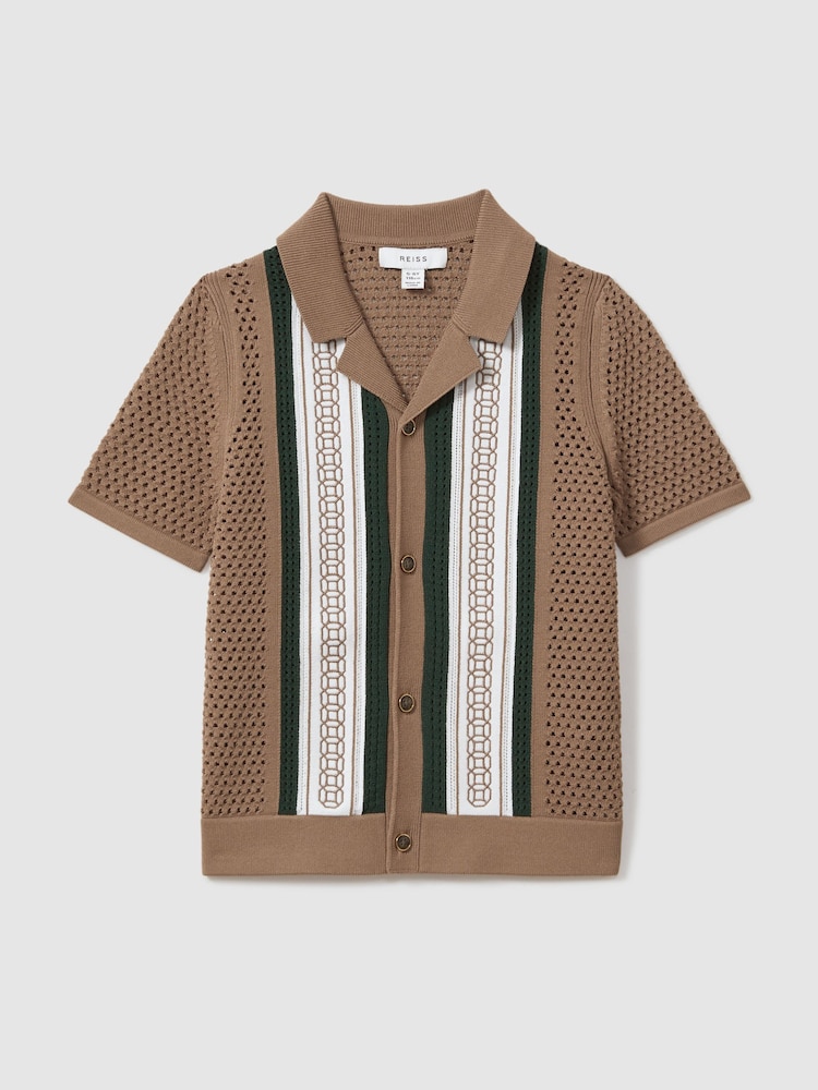 Reiss Camel/Green Jensen 13-14 yrs Embroidered Cuban Collar Shirt - Image 1 of 4