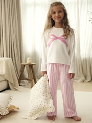 Pink Bow Detail Long Sleeve 100% Cotton Pyjamas Set (9mths-16yrs) - Image 1 of 8