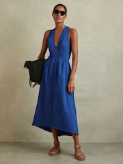 Reiss Cobalt Blue Yana Petite Cotton Blend High-Low Midi Dress - Image 1 of 7
