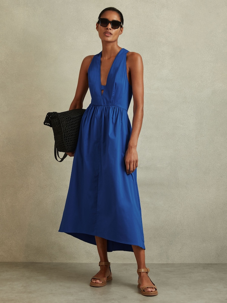 Reiss Cobalt Blue Yana Petite Cotton Blend High-Low Midi Dress - Image 1 of 7