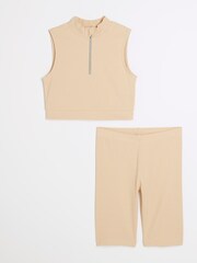 River Island Brown Girls 100% Cotton High Neck Rib Top and Cycle Set - Image 1 of 4