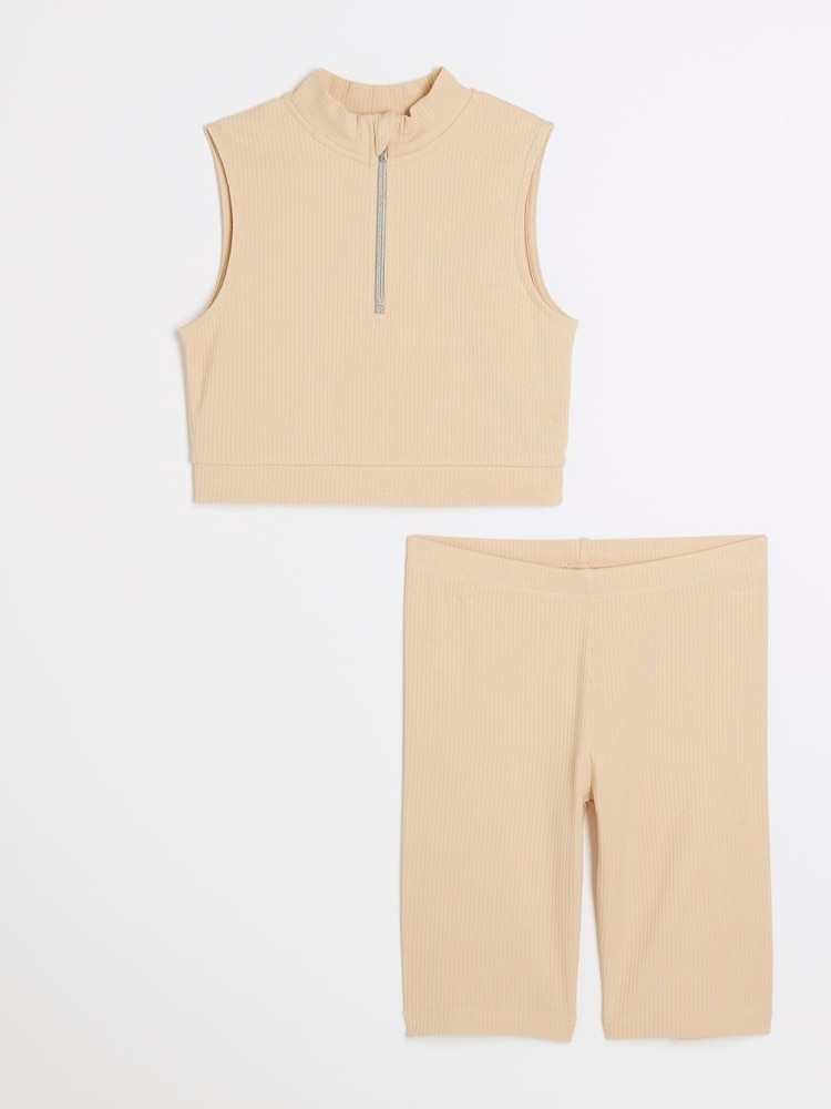 River Island Brown Girls 100% Cotton High Neck Rib Top and Cycle Set - Image 1 of 4
