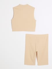 River Island Brown Girls 100% Cotton High Neck Rib Top and Cycle Set - Image 2 of 4